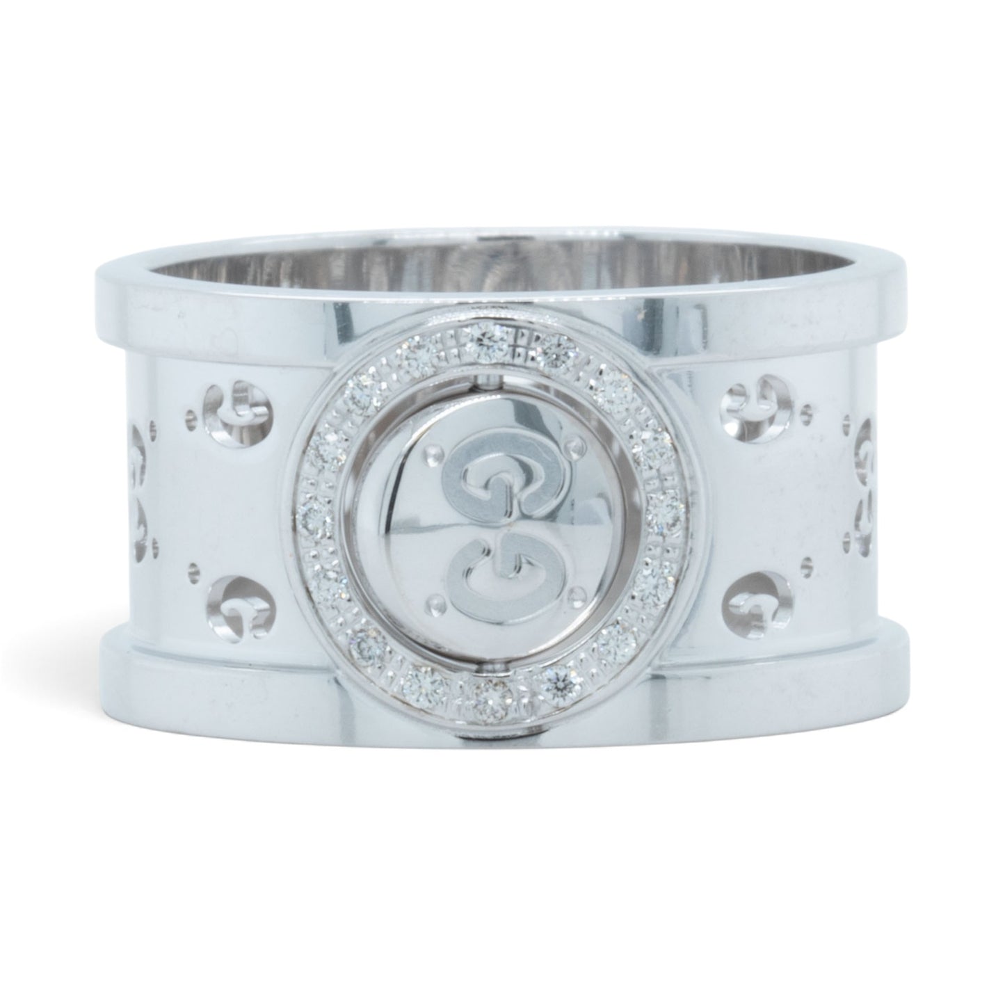 Gucci GG Icon Twirl 18k White Gold Diamond 11mm Band 0.16ctw 7.6g Ring Size 6
