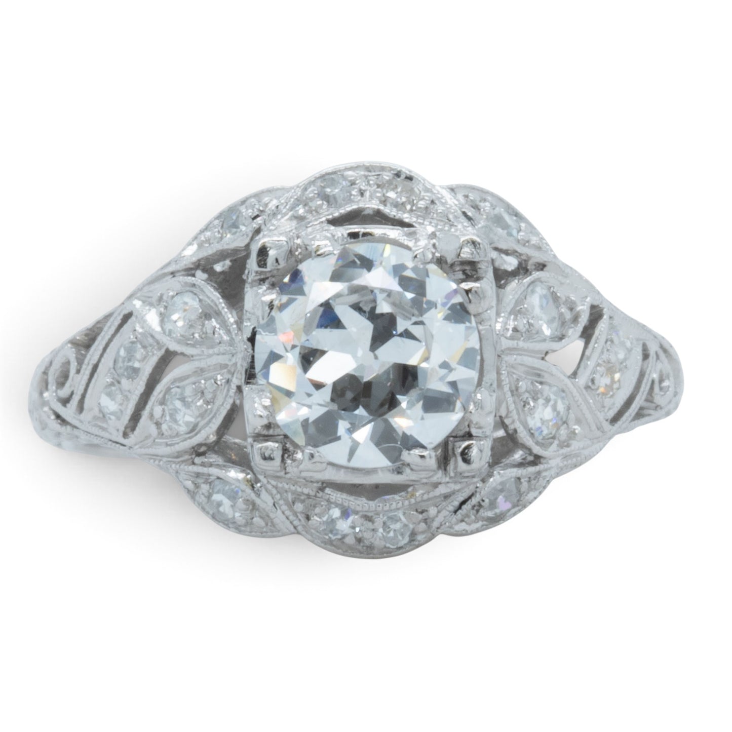 Antique Platinum Old European Diamond Ornate Milgrain Floral Leaf Ring w Accents