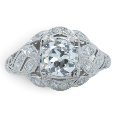 Antique Platinum Old European Diamond Ornate Milgrain Floral Leaf Ring w Accents