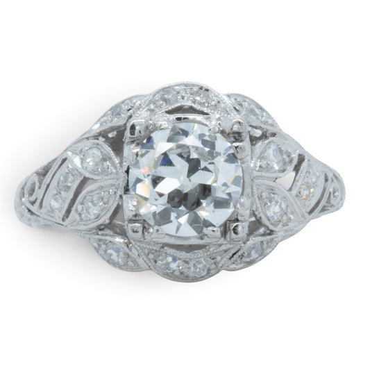 Antique Platinum Old European Diamond Ornate Milgrain Floral Leaf Ring w Accents