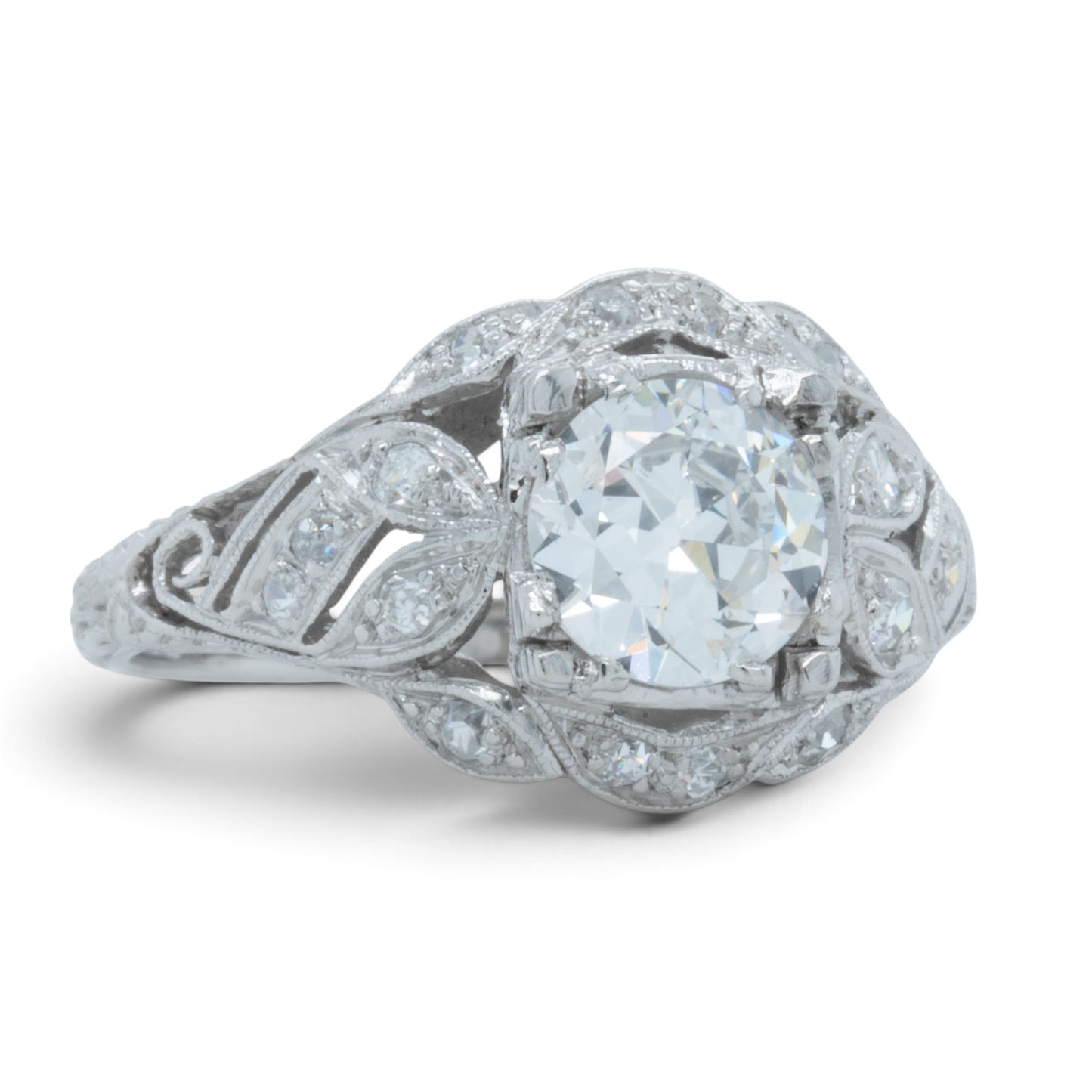 Antique Platinum Old European Diamond Ornate Milgrain Floral Leaf Ring w Accents