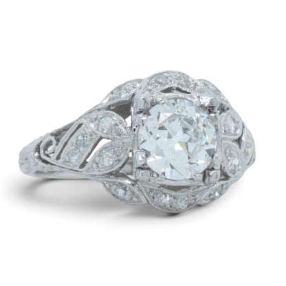 Antique Platinum Old European Diamond Ornate Milgrain Floral Leaf Ring w Accents