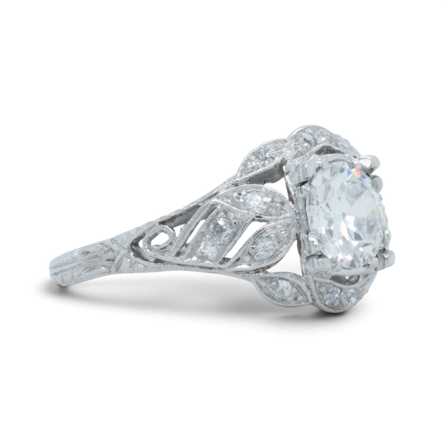 Antique Platinum Old European Diamond Ornate Milgrain Floral Leaf Ring w Accents