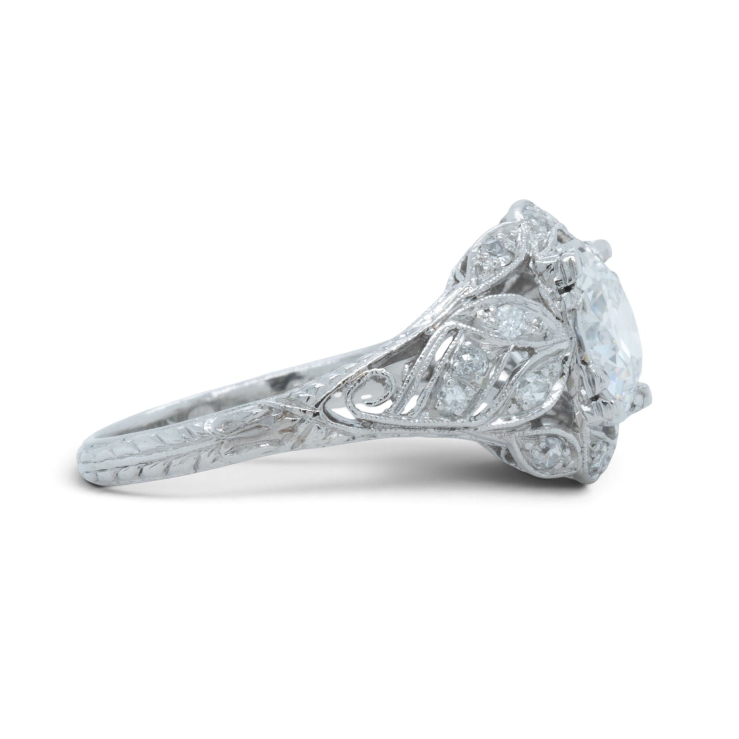 Antique Platinum Old European Diamond Ornate Milgrain Floral Leaf Ring w Accents