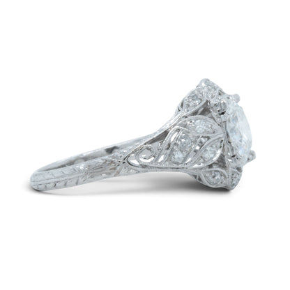 Antique Platinum Old European Diamond Ornate Milgrain Floral Leaf Ring w Accents