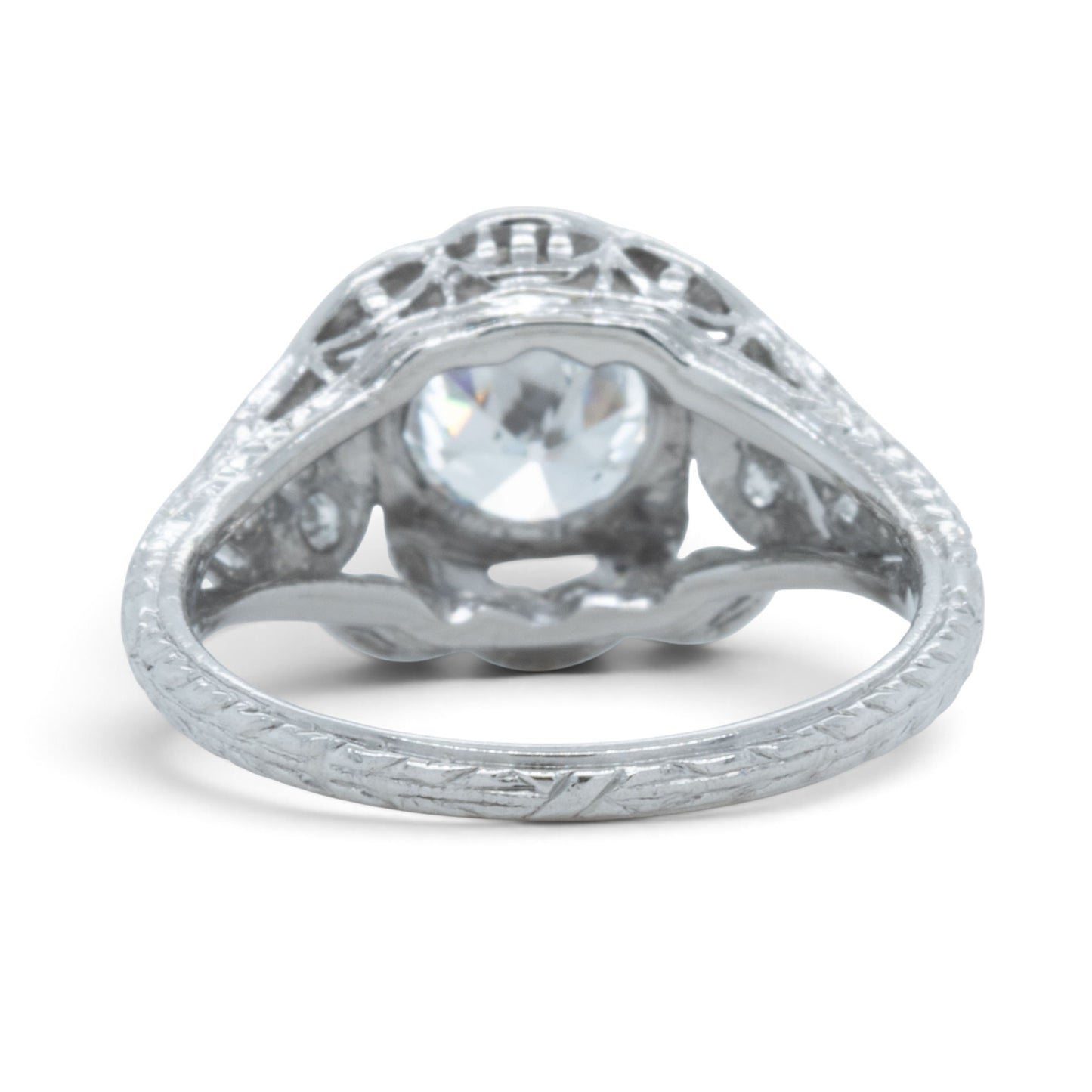 Antique Platinum Old European Diamond Ornate Milgrain Floral Leaf Ring w Accents
