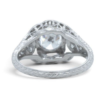 Antique Platinum Old European Diamond Ornate Milgrain Floral Leaf Ring w Accents