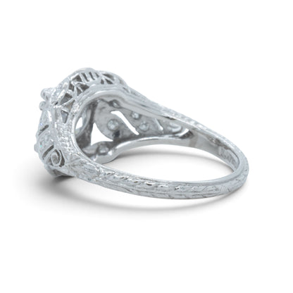 Antique Platinum Old European Diamond Ornate Milgrain Floral Leaf Ring w Accents