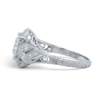 Antique Platinum Old European Diamond Ornate Milgrain Floral Leaf Ring w Accents