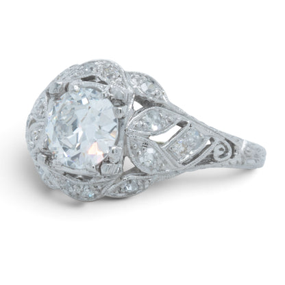 Antique Platinum Old European Diamond Ornate Milgrain Floral Leaf Ring w Accents