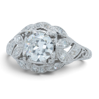 Antique Platinum Old European Diamond Ornate Milgrain Floral Leaf Ring w Accents