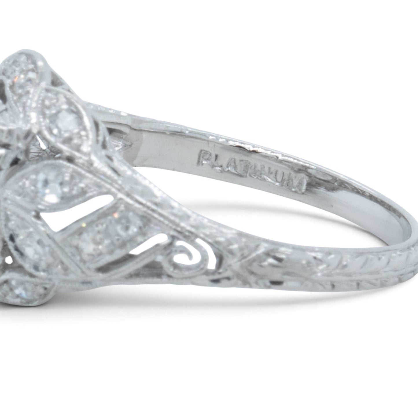Antique Platinum Old European Diamond Ornate Milgrain Floral Leaf Ring w Accents