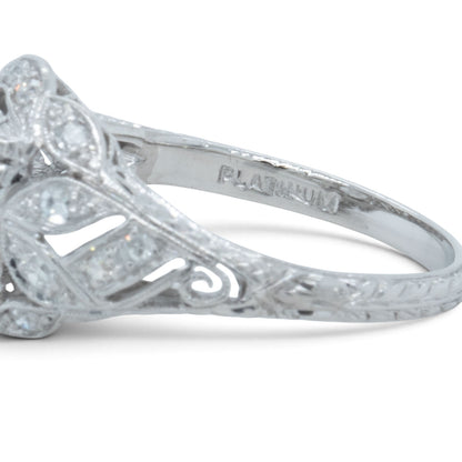 Antique Platinum Old European Diamond Ornate Milgrain Floral Leaf Ring w Accents
