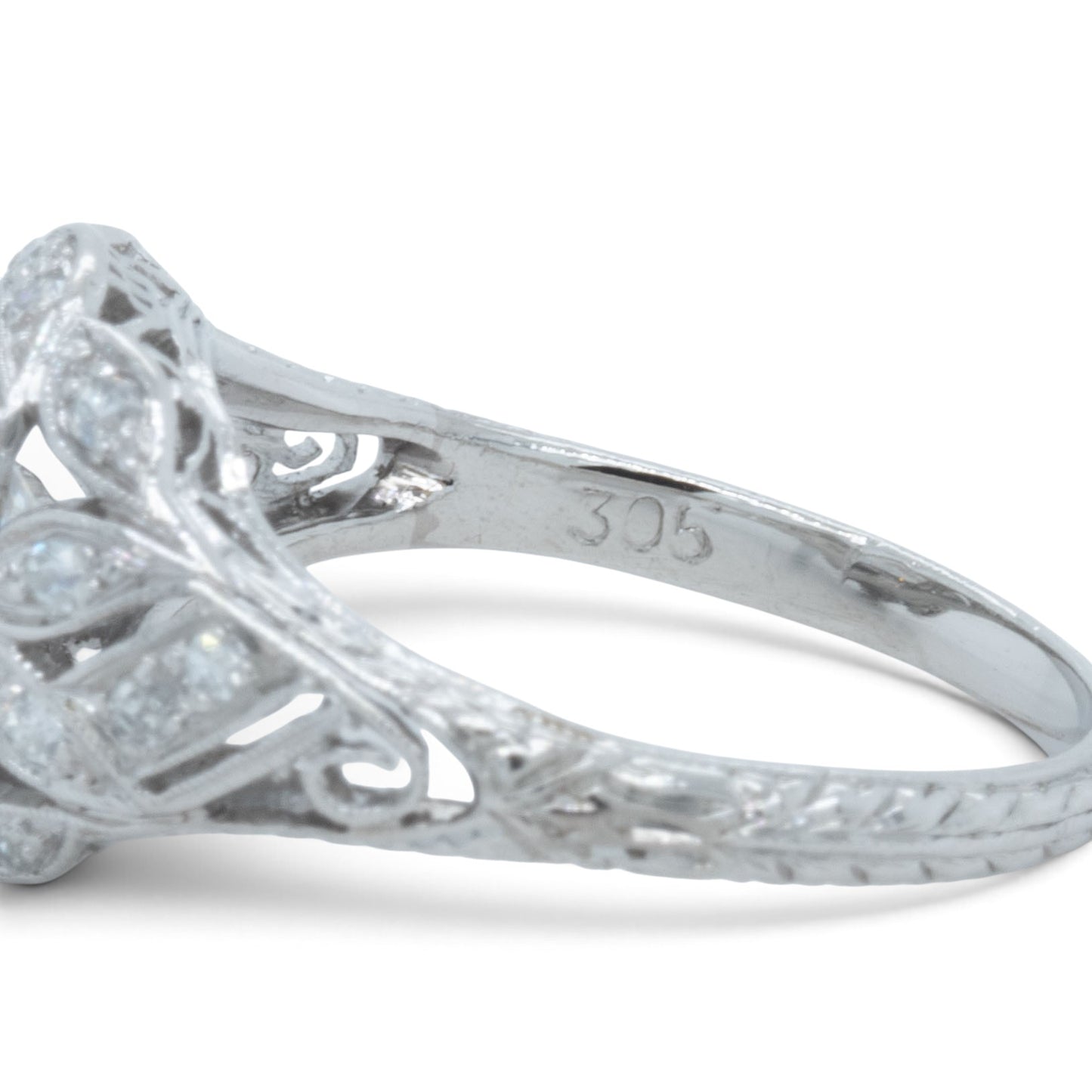 Antique Platinum Old European Diamond Ornate Milgrain Floral Leaf Ring w Accents