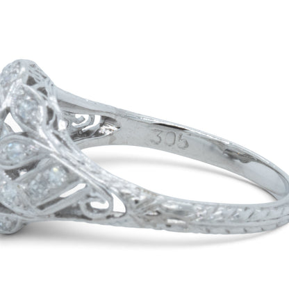 Antique Platinum Old European Diamond Ornate Milgrain Floral Leaf Ring w Accents
