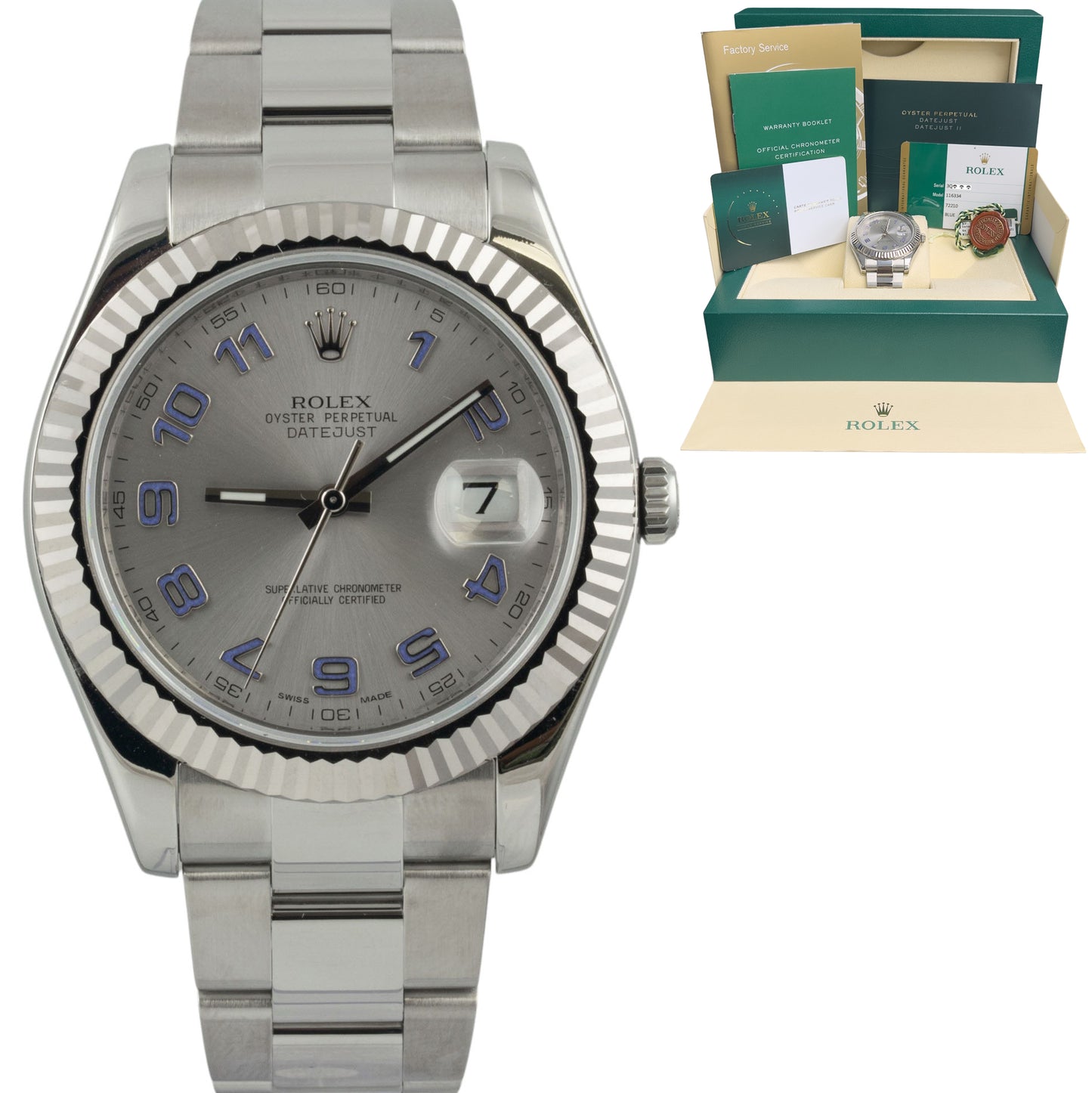 2025 RSC Rolex DateJust II 41mm Steel Silver Blue Arabic 116334 BOX + PAPERS