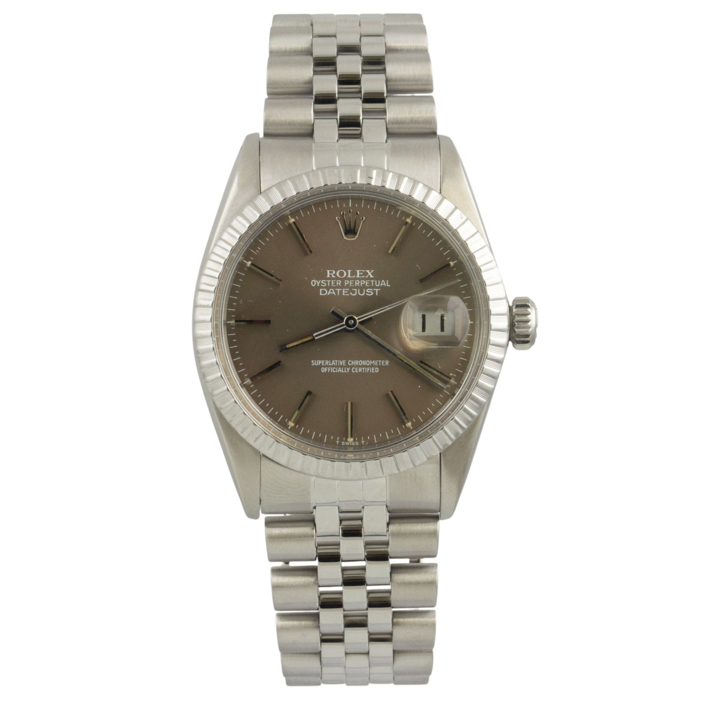Rolex DateJust 16030 36mm Stainless Steel Taupe Engine Turned 1982 BOX + TAG