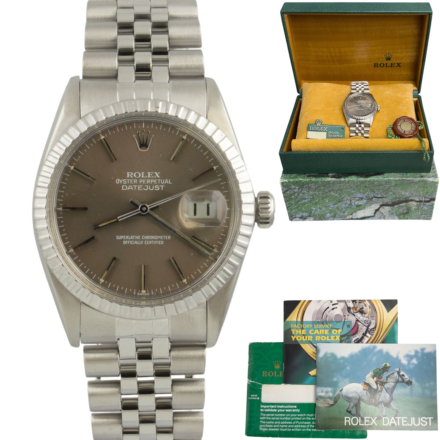 Rolex DateJust 16030 36mm Stainless Steel Taupe Engine Turned 1982 BOX + TAG