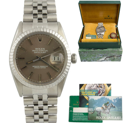 Rolex DateJust 16030 36mm Stainless Steel Taupe Engine Turned 1982 BOX + TAG