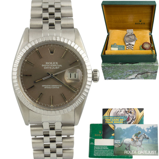 Rolex DateJust 16030 36mm Stainless Steel Taupe Engine Turned 1982 BOX + TAG