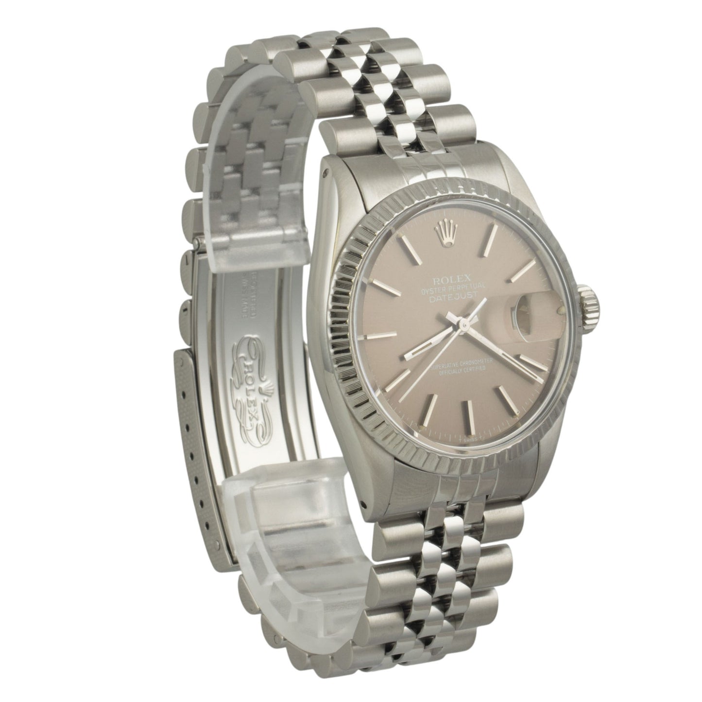 Rolex DateJust 16030 36mm Stainless Steel Taupe Engine Turned 1982 BOX + TAG
