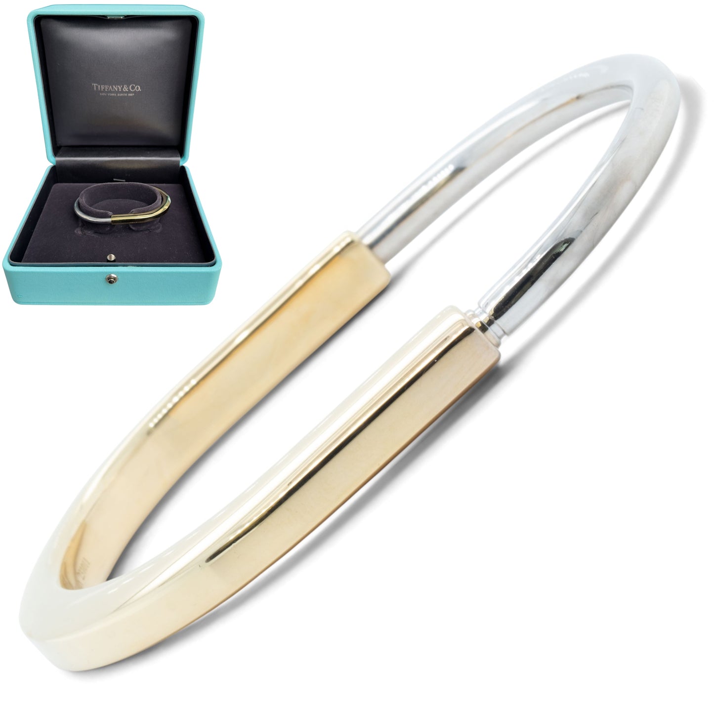 Tiffany & Co. Lock Bangle Two Tone Bracelet 18k White & Yellow Gold ITALY + BOX
