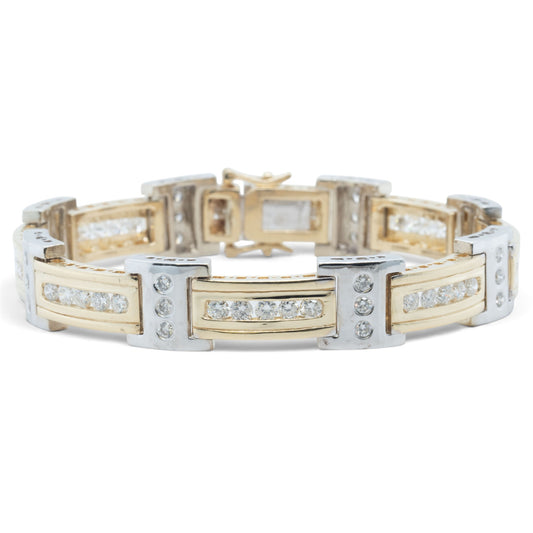 Mens 14k Yellow & White Gold Diamond Bar Link Station Bracelet 3.15ctw G-H SI 8"
