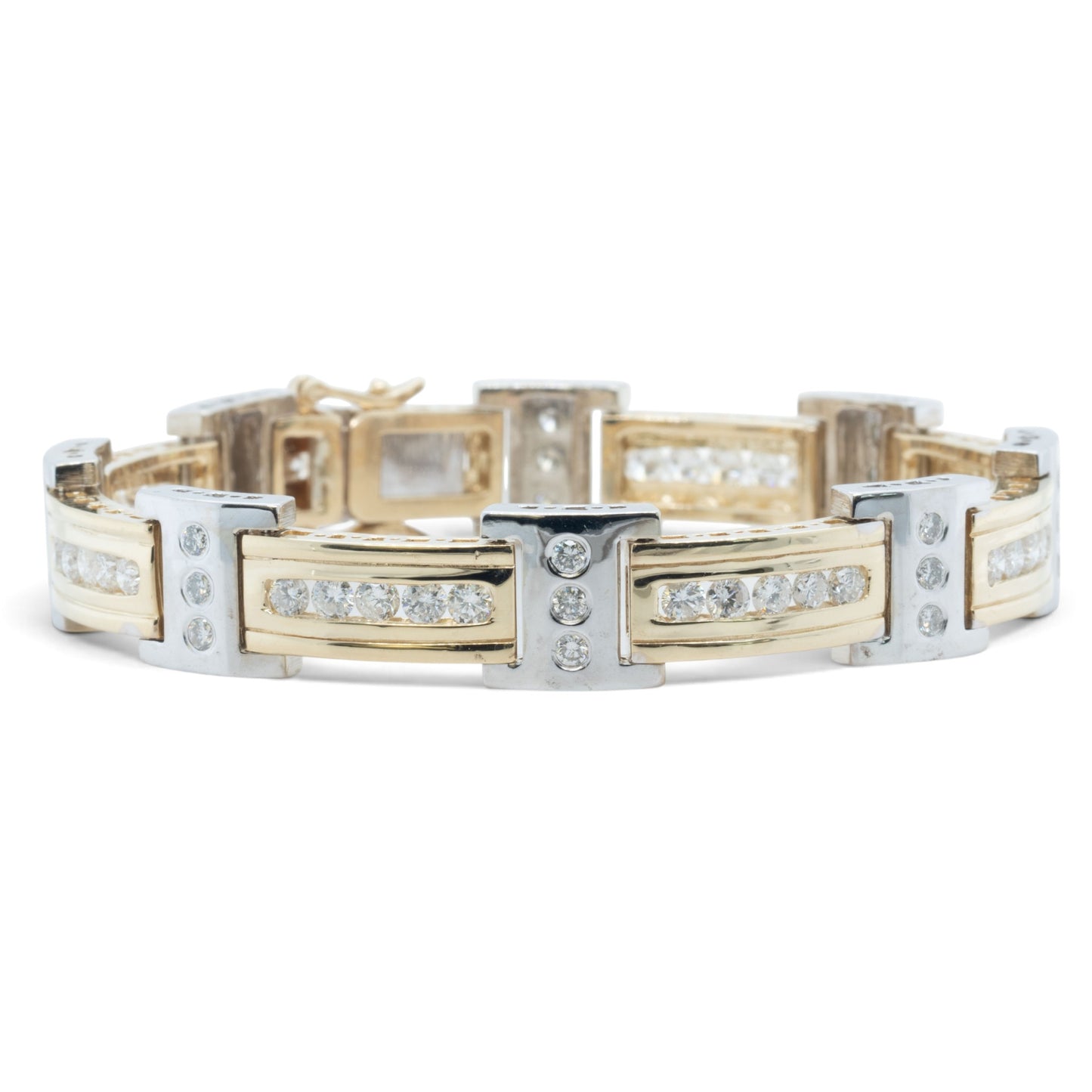 Mens 14k Yellow & White Gold Diamond Bar Link Station Bracelet 3.15ctw G-H SI 8"
