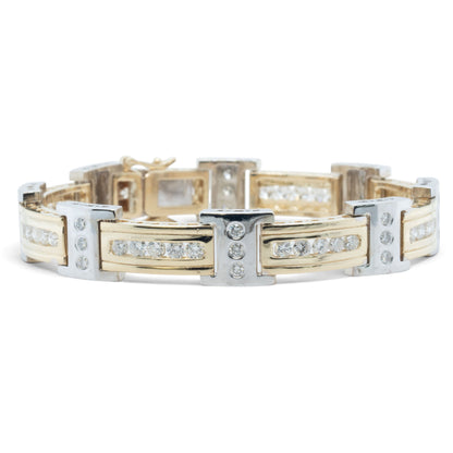 Mens 14k Yellow & White Gold Diamond Bar Link Station Bracelet 3.15ctw G-H SI 8"