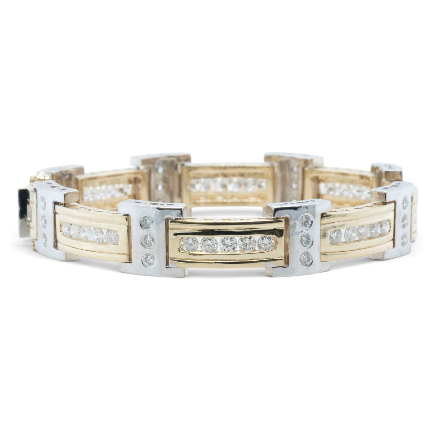 Mens 14k Yellow & White Gold Diamond Bar Link Station Bracelet 3.15ctw G-H SI 8"