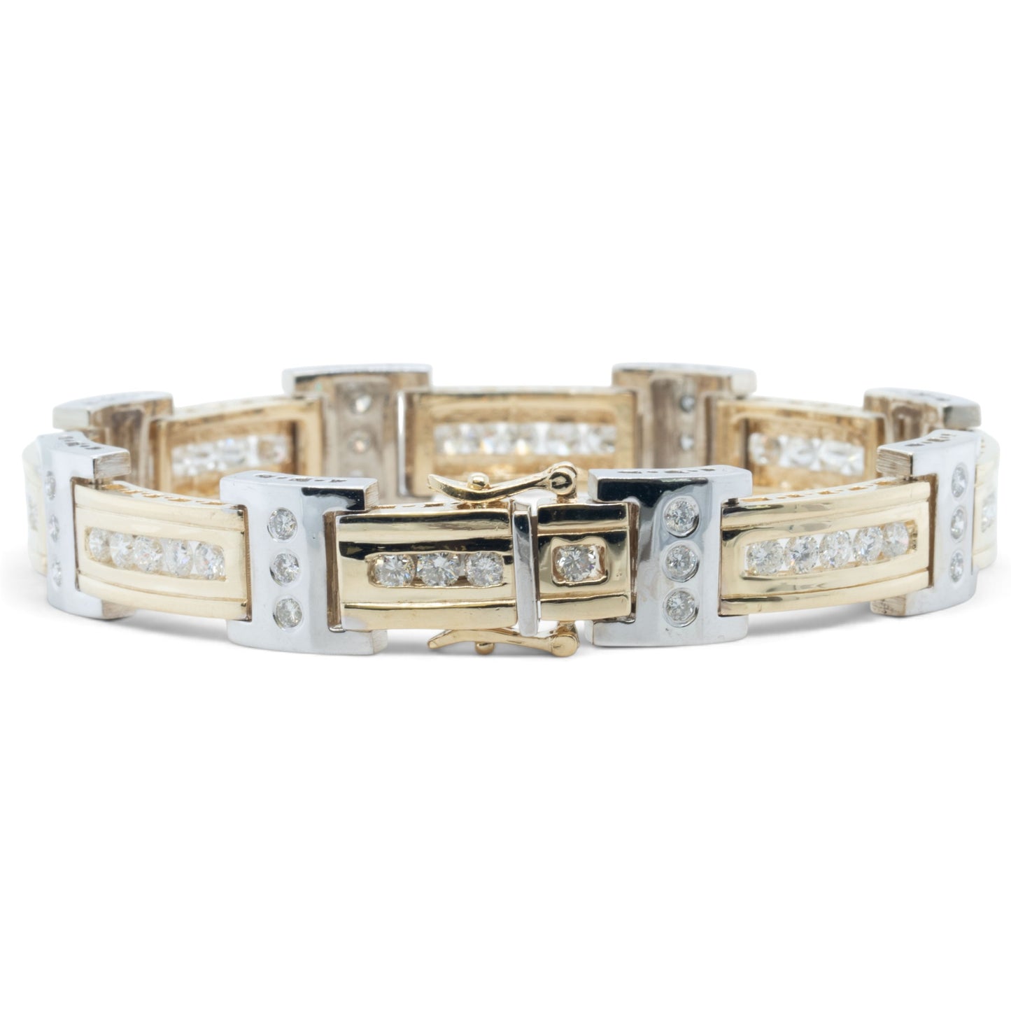 Mens 14k Yellow & White Gold Diamond Bar Link Station Bracelet 3.15ctw G-H SI 8"