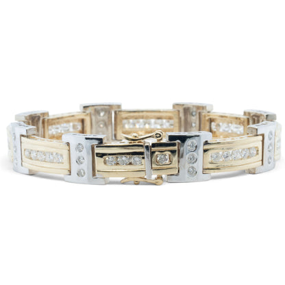 Mens 14k Yellow & White Gold Diamond Bar Link Station Bracelet 3.15ctw G-H SI 8"