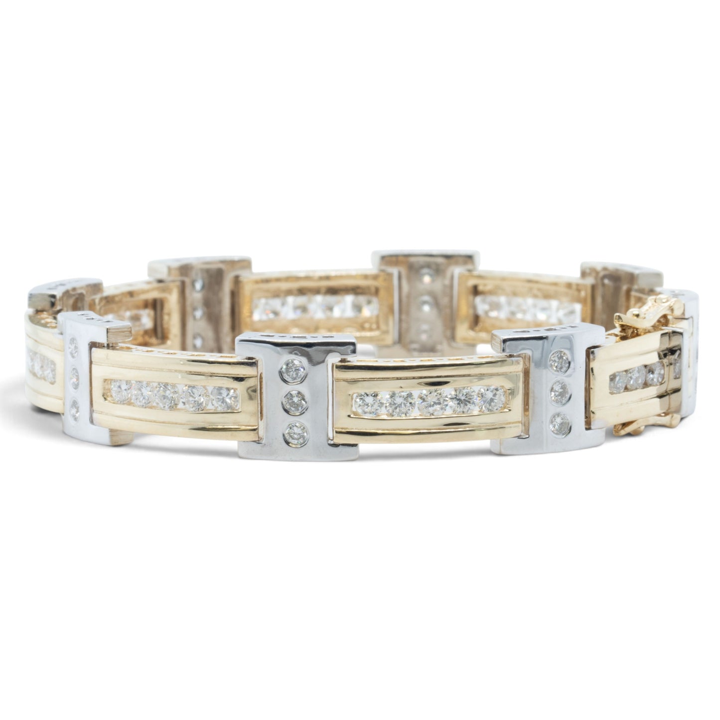 Mens 14k Yellow & White Gold Diamond Bar Link Station Bracelet 3.15ctw G-H SI 8"