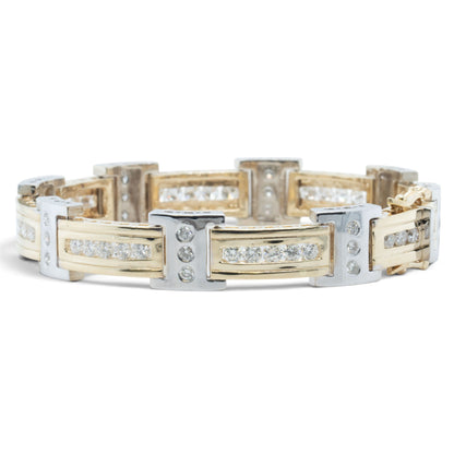 Mens 14k Yellow & White Gold Diamond Bar Link Station Bracelet 3.15ctw G-H SI 8"