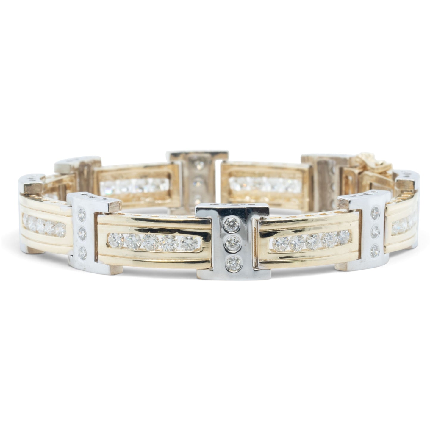 Mens 14k Yellow & White Gold Diamond Bar Link Station Bracelet 3.15ctw G-H SI 8"