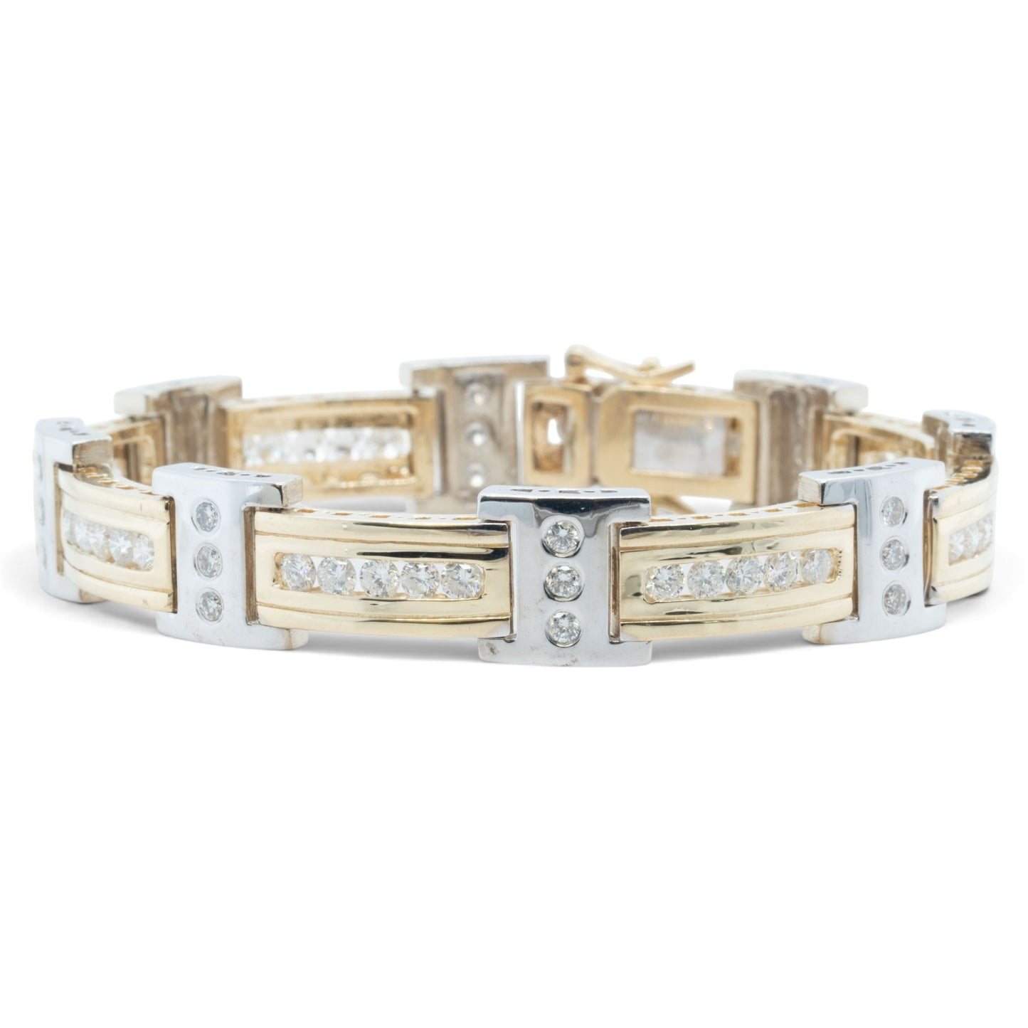 Mens 14k Yellow & White Gold Diamond Bar Link Station Bracelet 3.15ctw G-H SI 8"