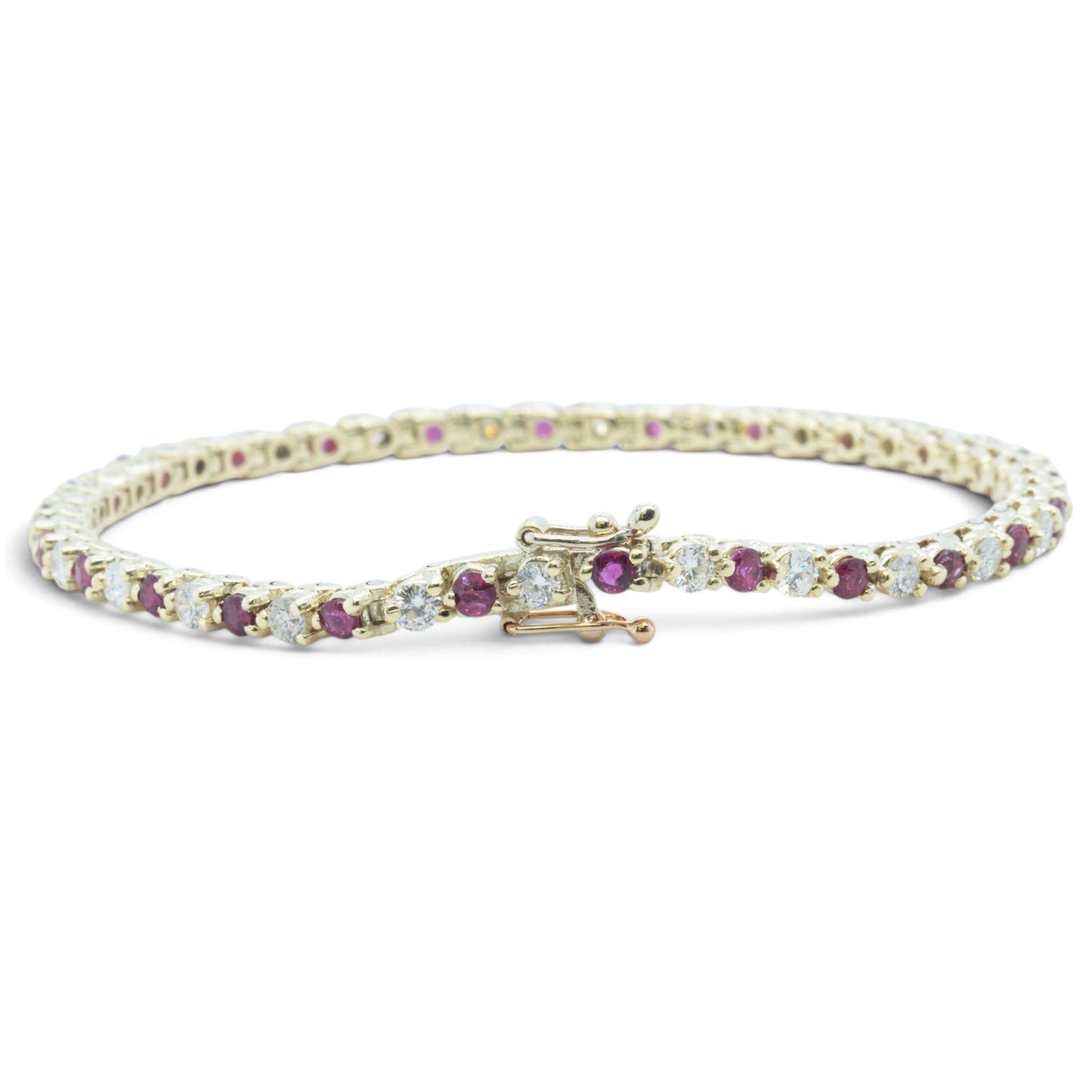 14k Yellow Gold 1.75ctw Diamond & 1.35ctw Red Color Stone Tennis Bracelet 7"