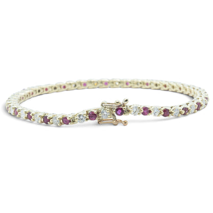 14k Yellow Gold 1.75ctw Diamond & 1.35ctw Red Color Stone Tennis Bracelet 7"
