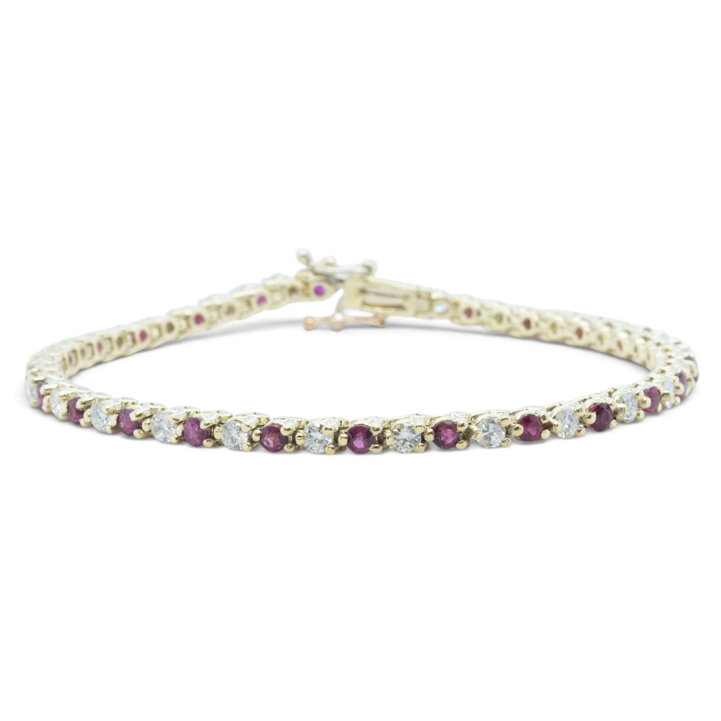 14k Yellow Gold 1.75ctw Diamond & 1.35ctw Red Color Stone Tennis Bracelet 7"
