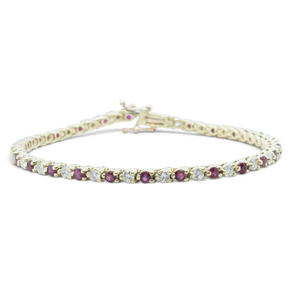 14k Yellow Gold 1.75ctw Diamond & 1.35ctw Red Color Stone Tennis Bracelet 7"