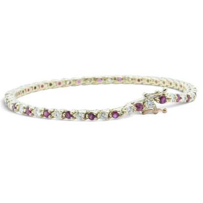 14k Yellow Gold 1.75ctw Diamond & 1.35ctw Red Color Stone Tennis Bracelet 7"