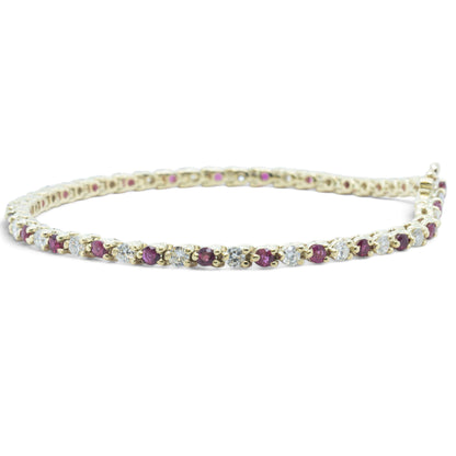 14k Yellow Gold 1.75ctw Diamond & 1.35ctw Red Color Stone Tennis Bracelet 7"