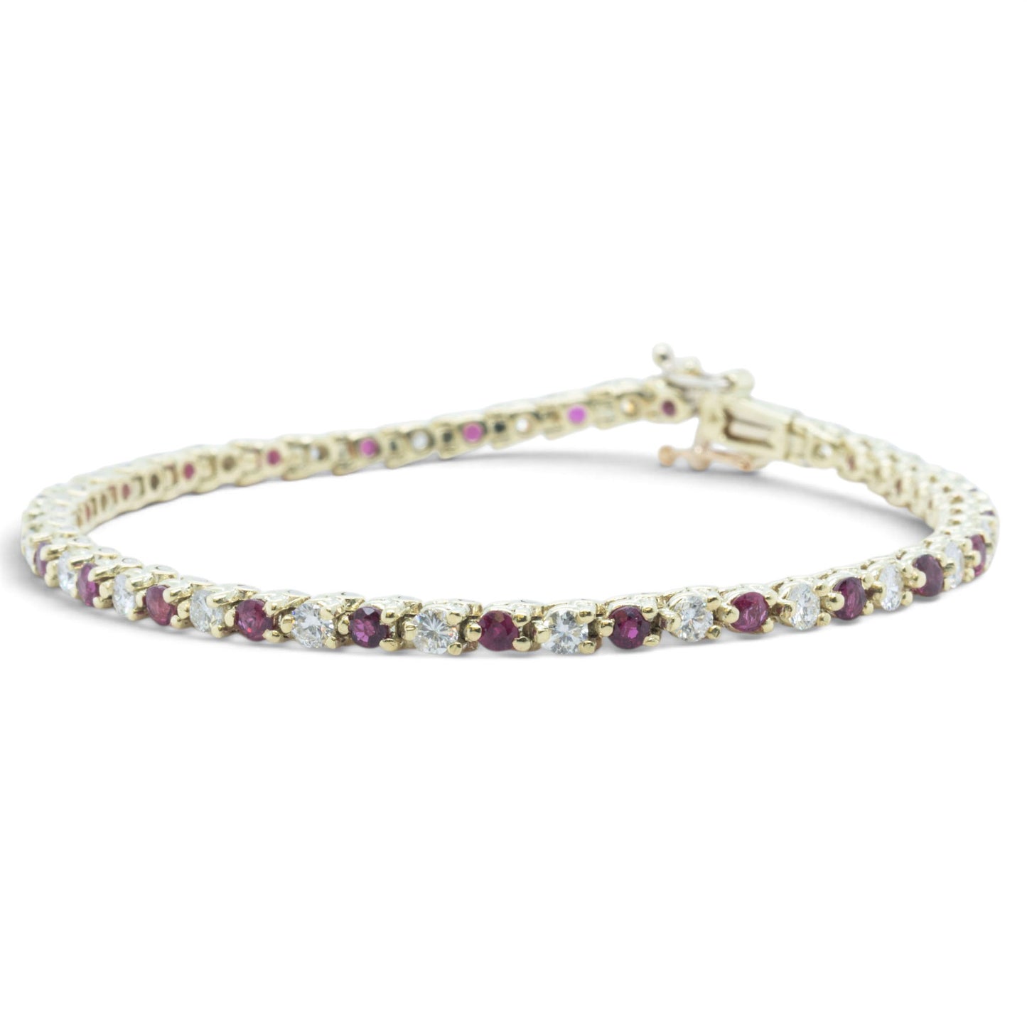 14k Yellow Gold 1.75ctw Diamond & 1.35ctw Red Color Stone Tennis Bracelet 7"