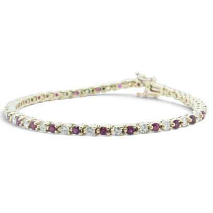 14k Yellow Gold 1.75ctw Diamond & 1.35ctw Red Color Stone Tennis Bracelet 7"