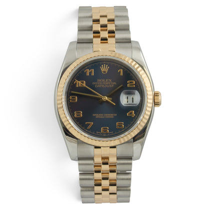 Rolex DateJust 116203 36mm Blue 18k Gold & Stainless Steel Watch 2004 BOX + TAG