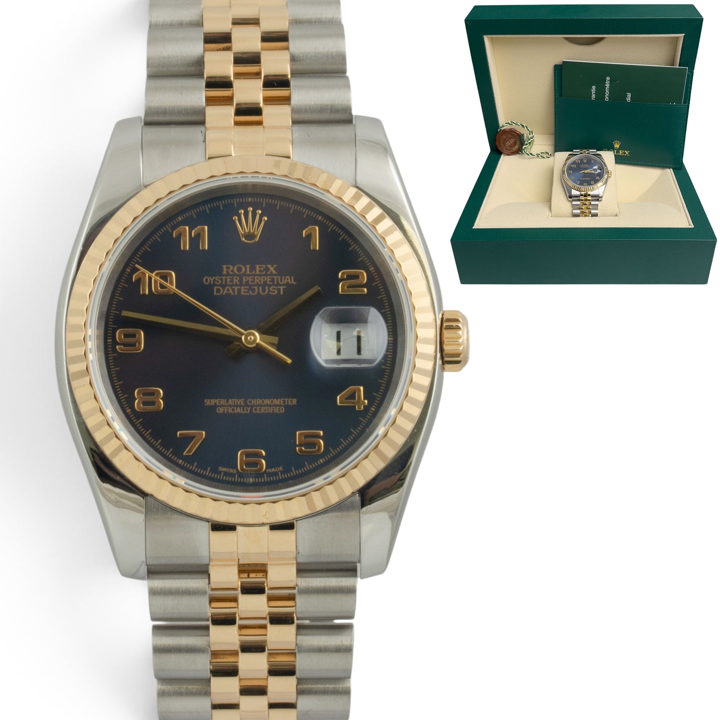 Rolex DateJust 116203 36mm Blue 18k Gold & Stainless Steel Watch 2004 BOX + TAG
