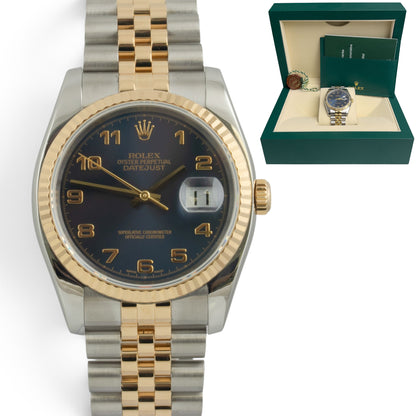 Rolex DateJust 116203 36mm Blue 18k Gold & Stainless Steel Watch 2004 BOX + TAG