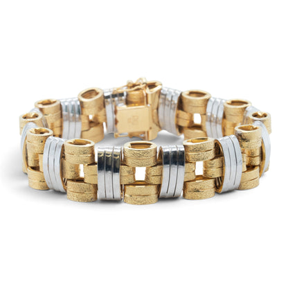 Mens 14k Yellow & White Gold 2-Tone Stipple & Smooth Textured Bracelet 38.9g 8"