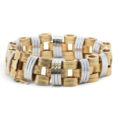 Mens 14k Yellow & White Gold 2-Tone Stipple & Smooth Textured Bracelet 38.9g 8"