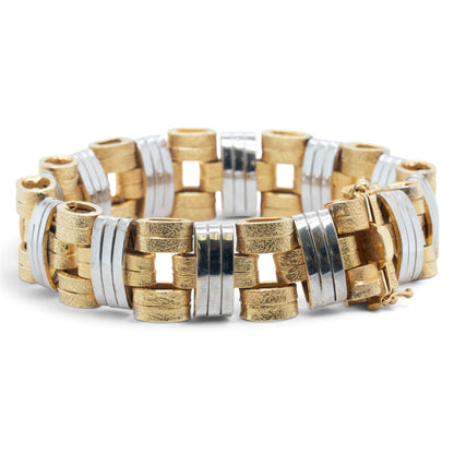 Mens 14k Yellow & White Gold 2-Tone Stipple & Smooth Textured Bracelet 38.9g 8"